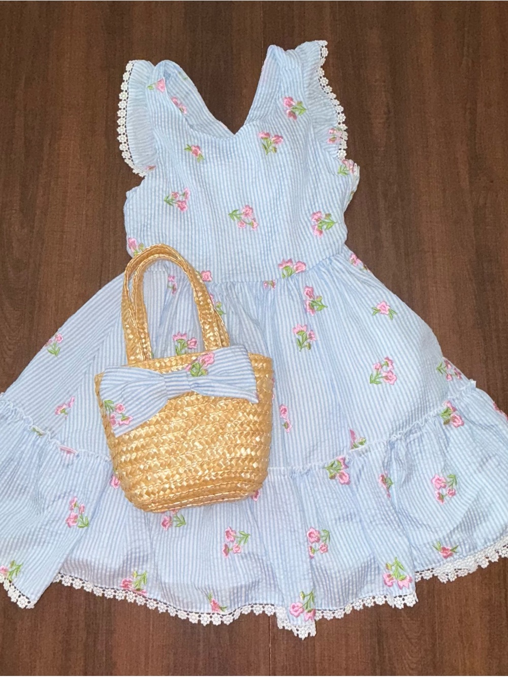Girls' Light Blue Floral Dress with Lace Trim